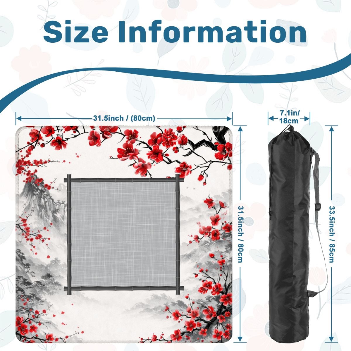 Scarlet Sakura mahjong mat size guide and carrying bag dimensions