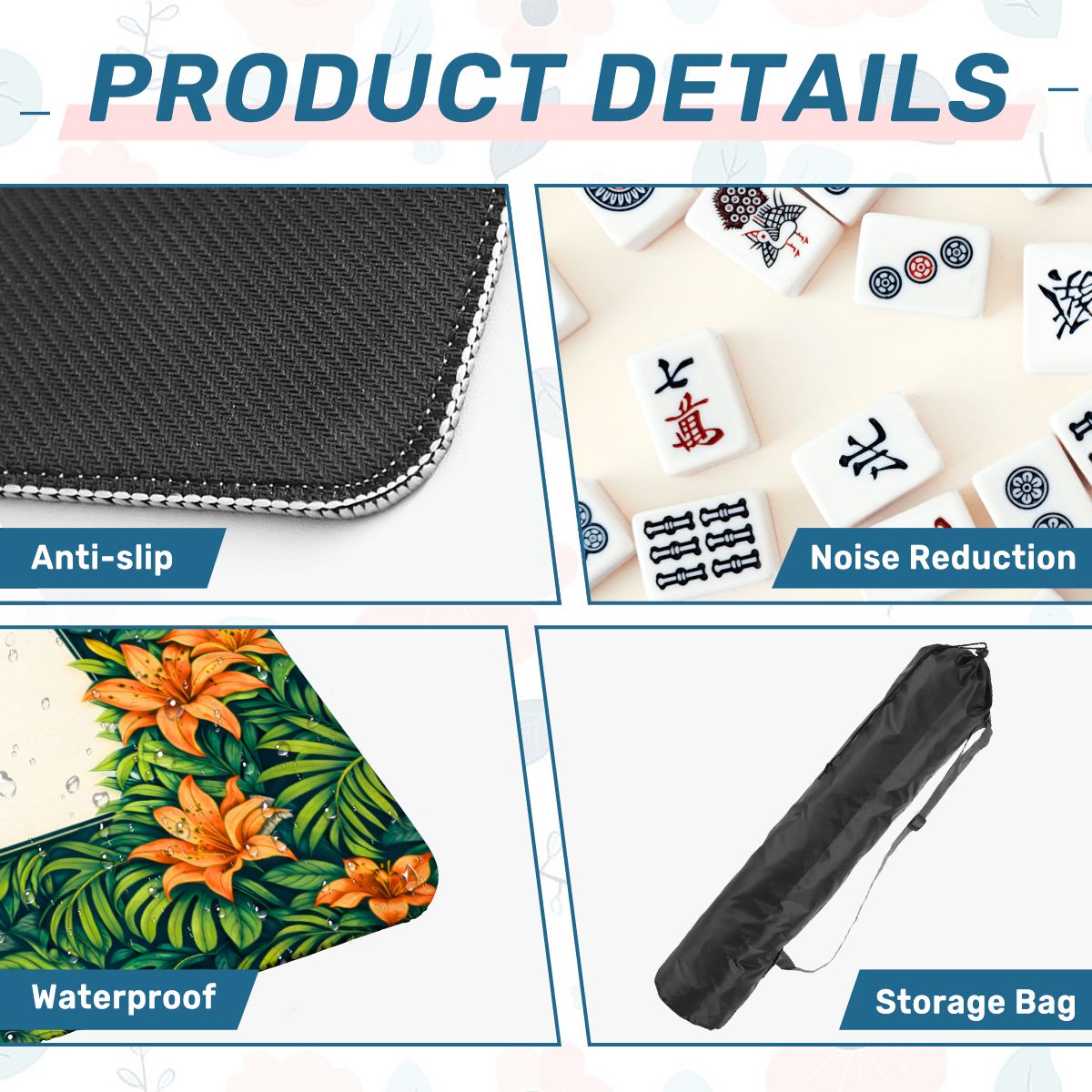 Verdant Bengal mahjong mat product details showing anti slip base microfiber surface and storage bag