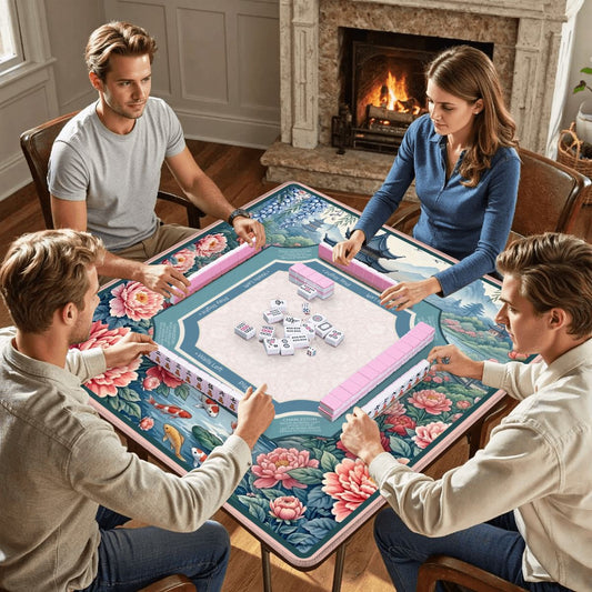 Peony Pagoda Garden mahjong mat with players sitting around table during mahjong game