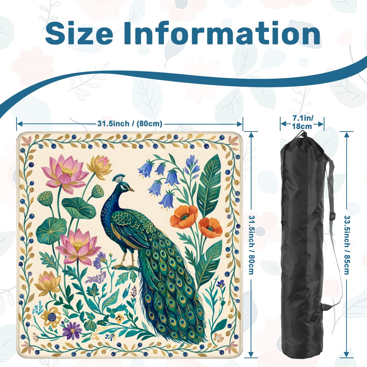 Peacock Lotus Garden mahjong mat size guide and carrying bag dimensions