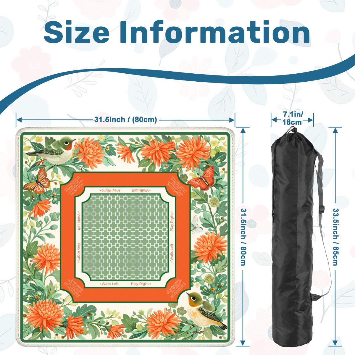 Garden Aviary mahjong mat size guide and carrying bag dimensions