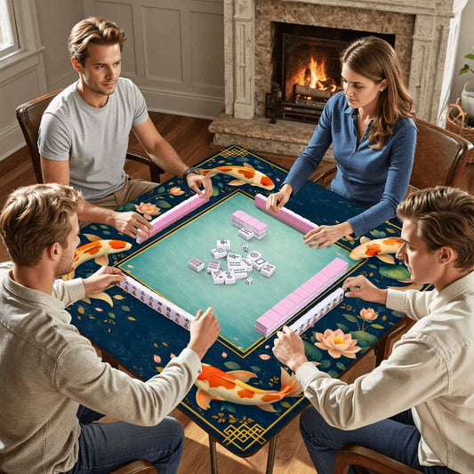 Imperial Koi Pond mahjong mat with players sitting around table during mahjong game