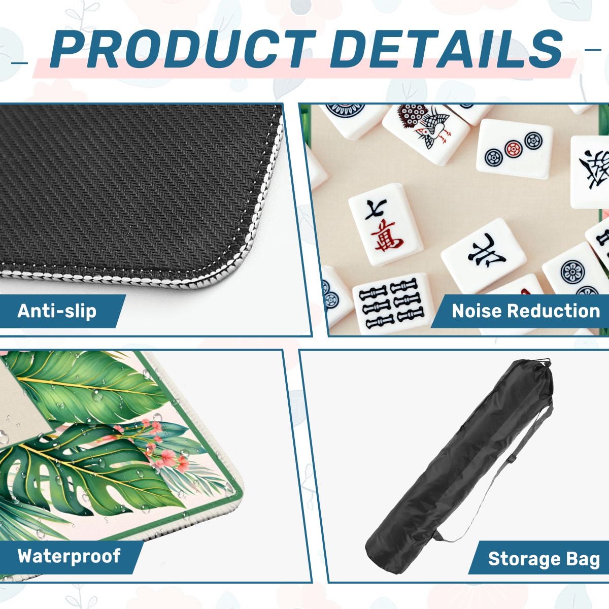 Hibiscus Palm Club mahjong mat product details showing anti slip base, soft surface and storage bag