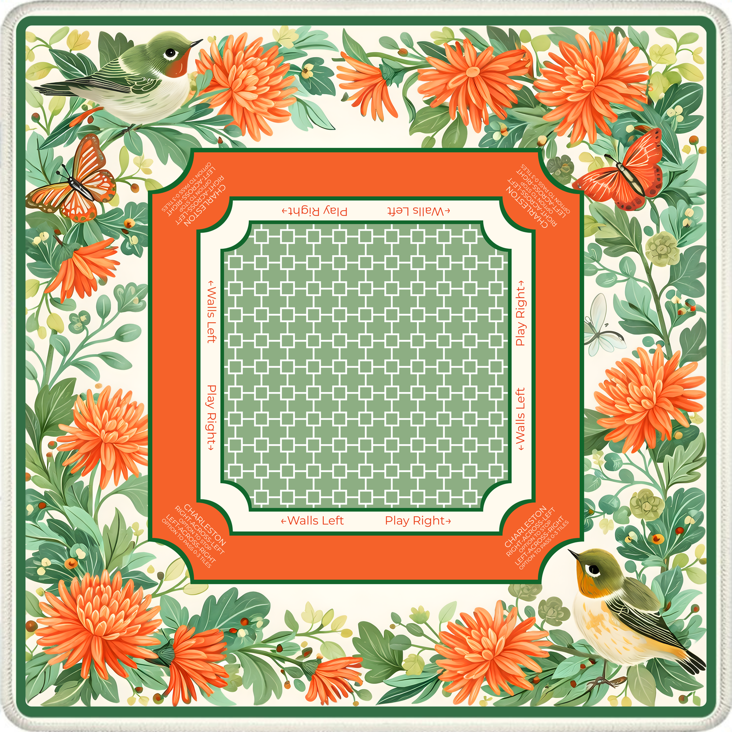 Garden Aviary mahjong mat with birds butterflies and orange garden flowers