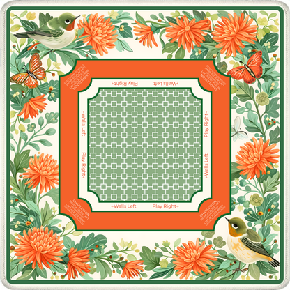 Garden Aviary mahjong mat with birds butterflies and orange garden flowers