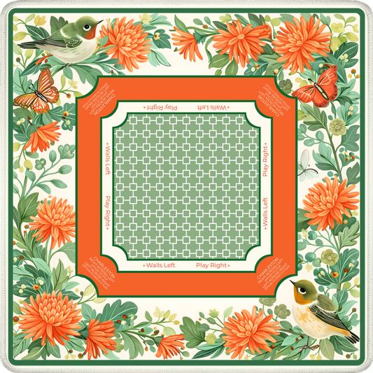 Garden Aviary mahjong mat with birds butterflies and orange garden flowers