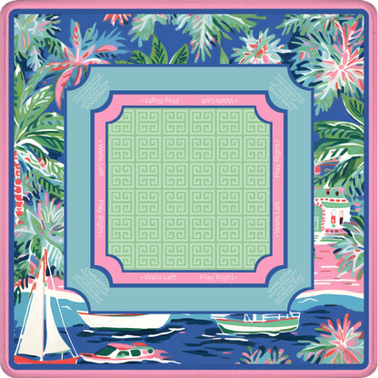 Indigo Marina mahjong mat with nautical boats and coastal marina design