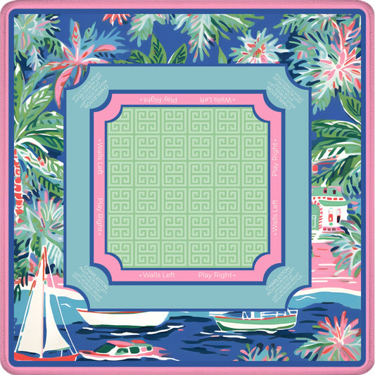 Indigo Marina mahjong mat with nautical boats and coastal marina design