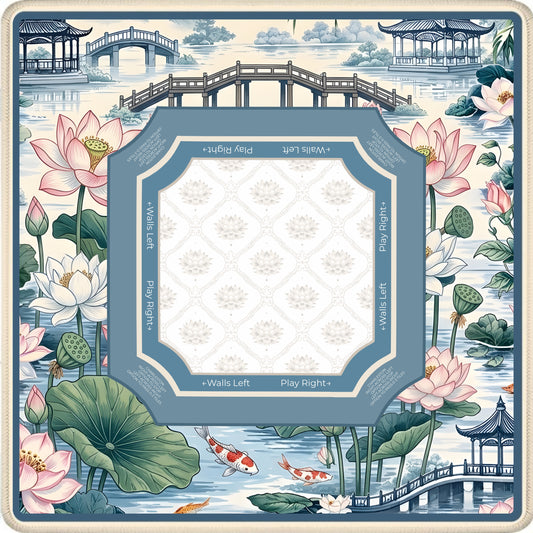 Lotus Pavilion Garden mahjong mat with lotus flowers koi and pavilion scenery