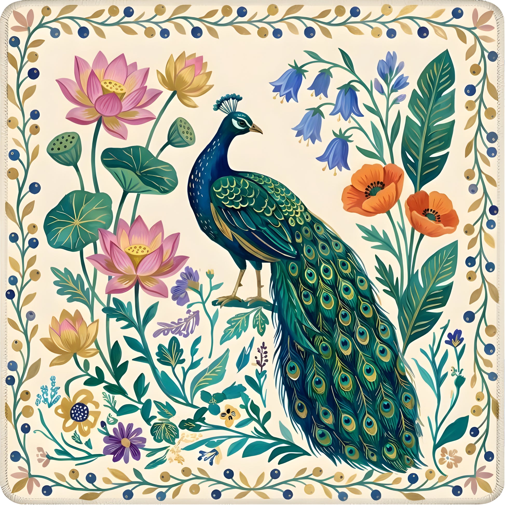Peacock Lotus Garden mahjong mat with peacock lotus flowers and botanical garden design