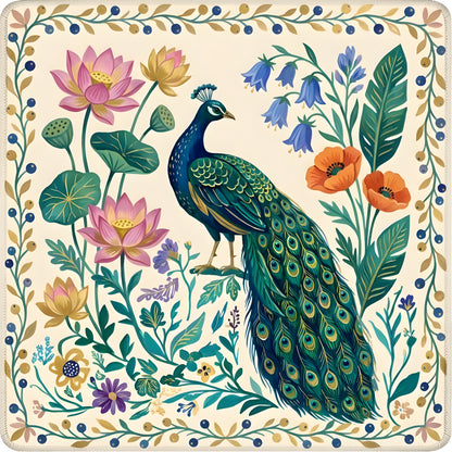 Peacock Lotus Garden mahjong mat with peacock lotus flowers and botanical garden design