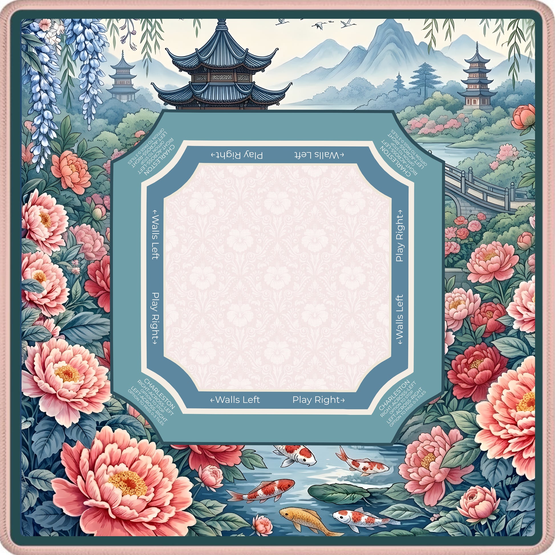 Peony Pagoda Garden mahjong mat with peony blossoms and Asian garden scene