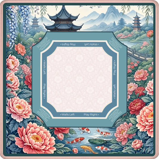 Peony Pagoda Garden mahjong mat with peony blossoms and Asian garden scene