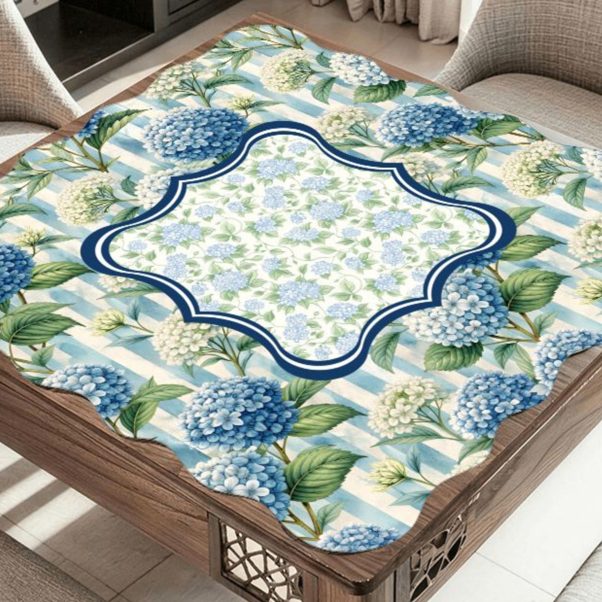 Blue Hydrangea Terrace mahjong mat on table with hydrangea floral garden design