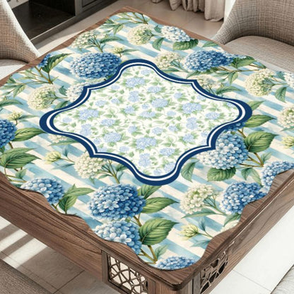 Blue Hydrangea Terrace mahjong mat on table with hydrangea floral garden design