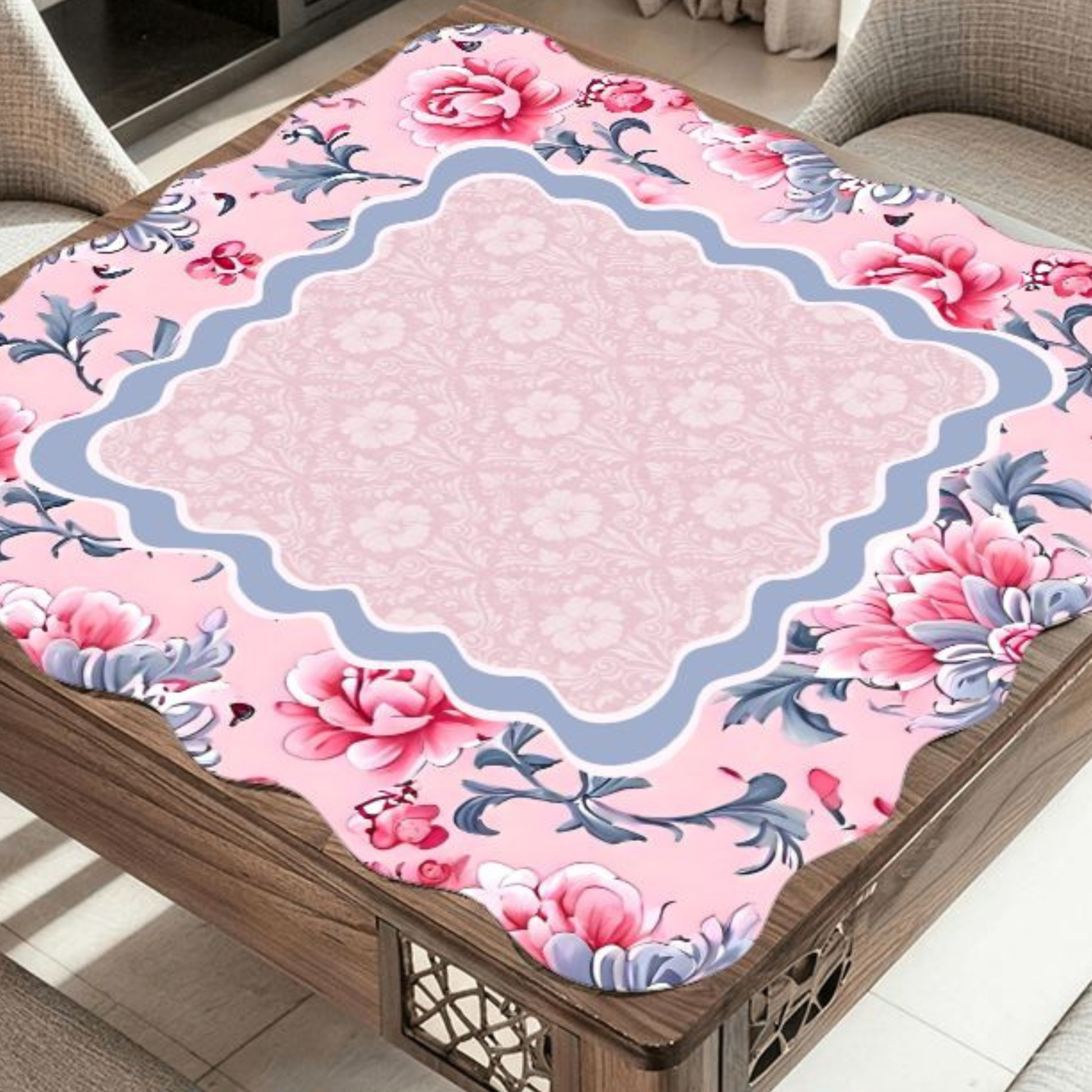 Blush Manor mahjong mat on table with pink floral grandmillennial botanical design