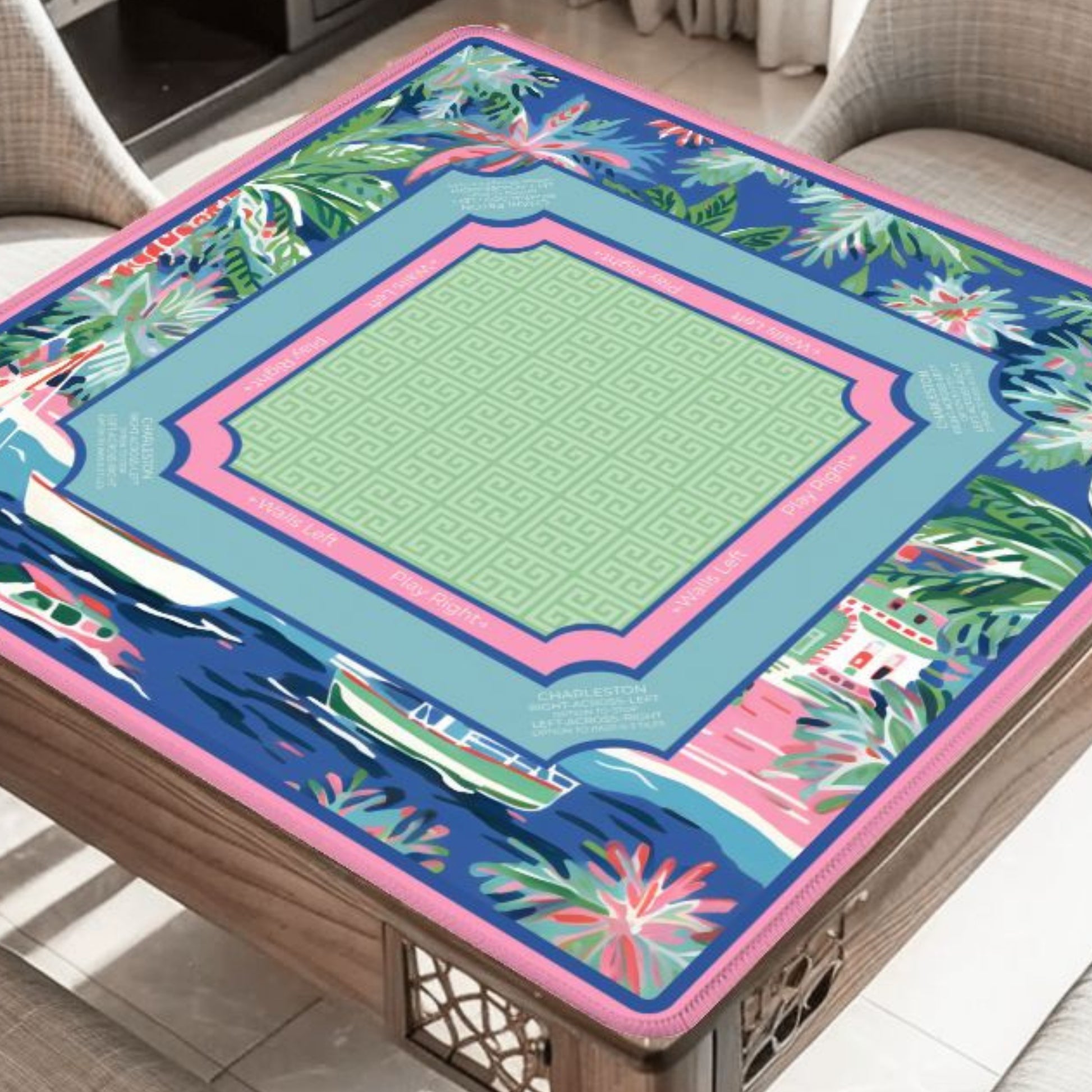 Indigo Marina mahjong mat on table with sailboats marina harbor and waterfront scene