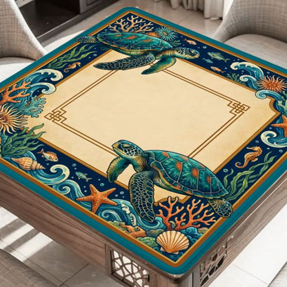 Indigo Reef ocean themed mahjong mat on table with sea turtles coral and waves