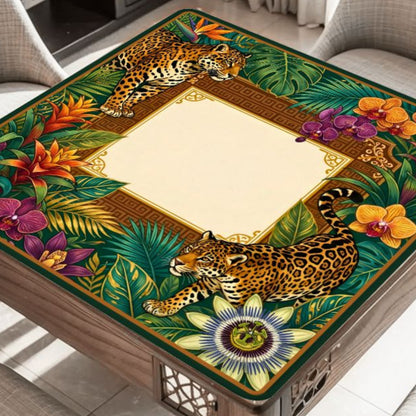 Jaguar Royale mahjong mat on table with jaguar and tropical jungle botanicals