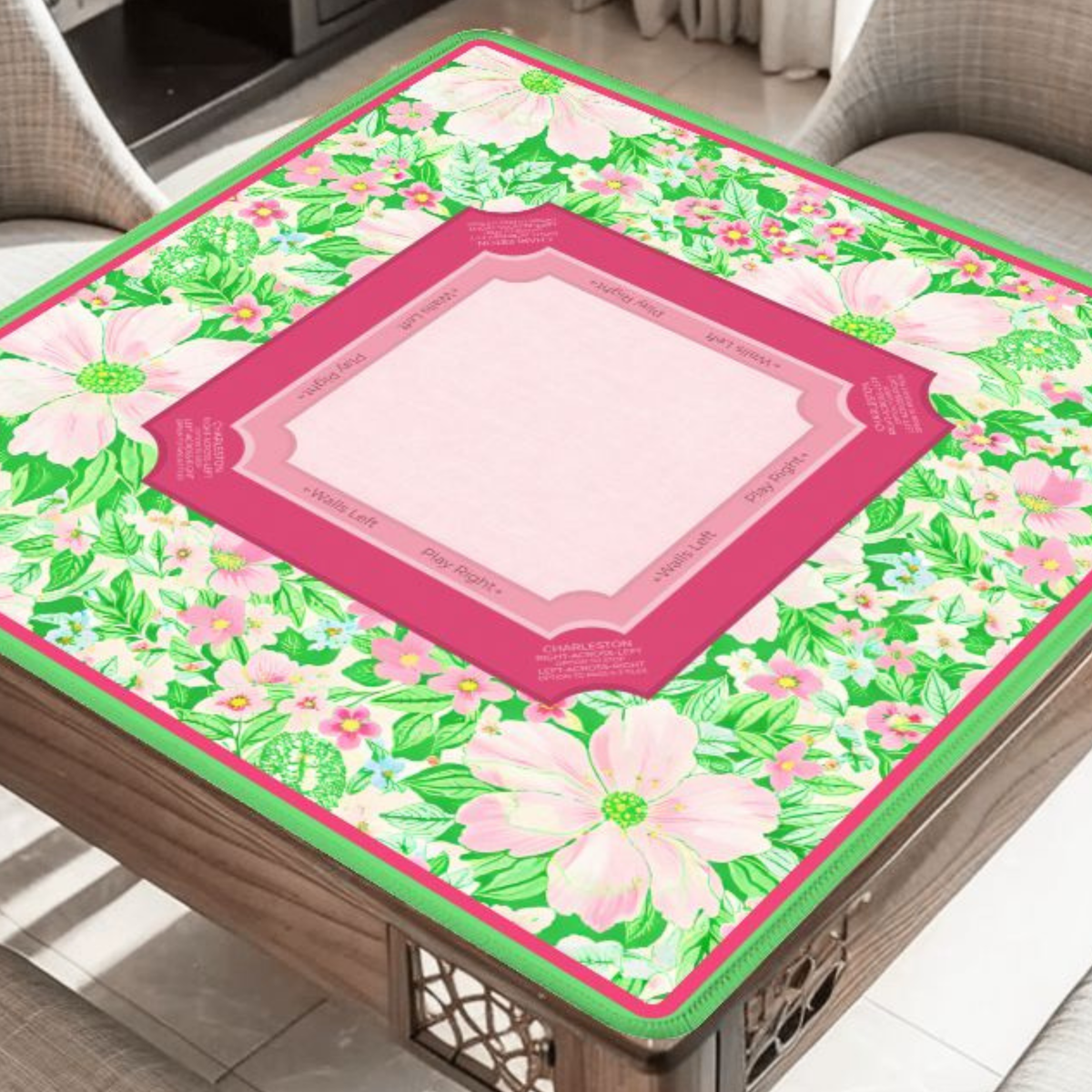 Palm Beach Blossom mahjong mat on a game table