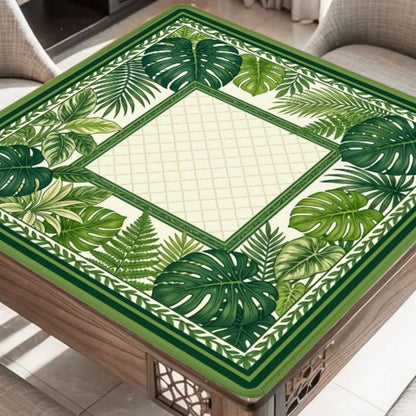Palm Garden tropical mahjong mat on table with palm leaves and botanical design