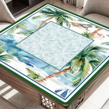 Palm Harbor Club mahjong mat on table with coastal palm trees sailboats and marina scene