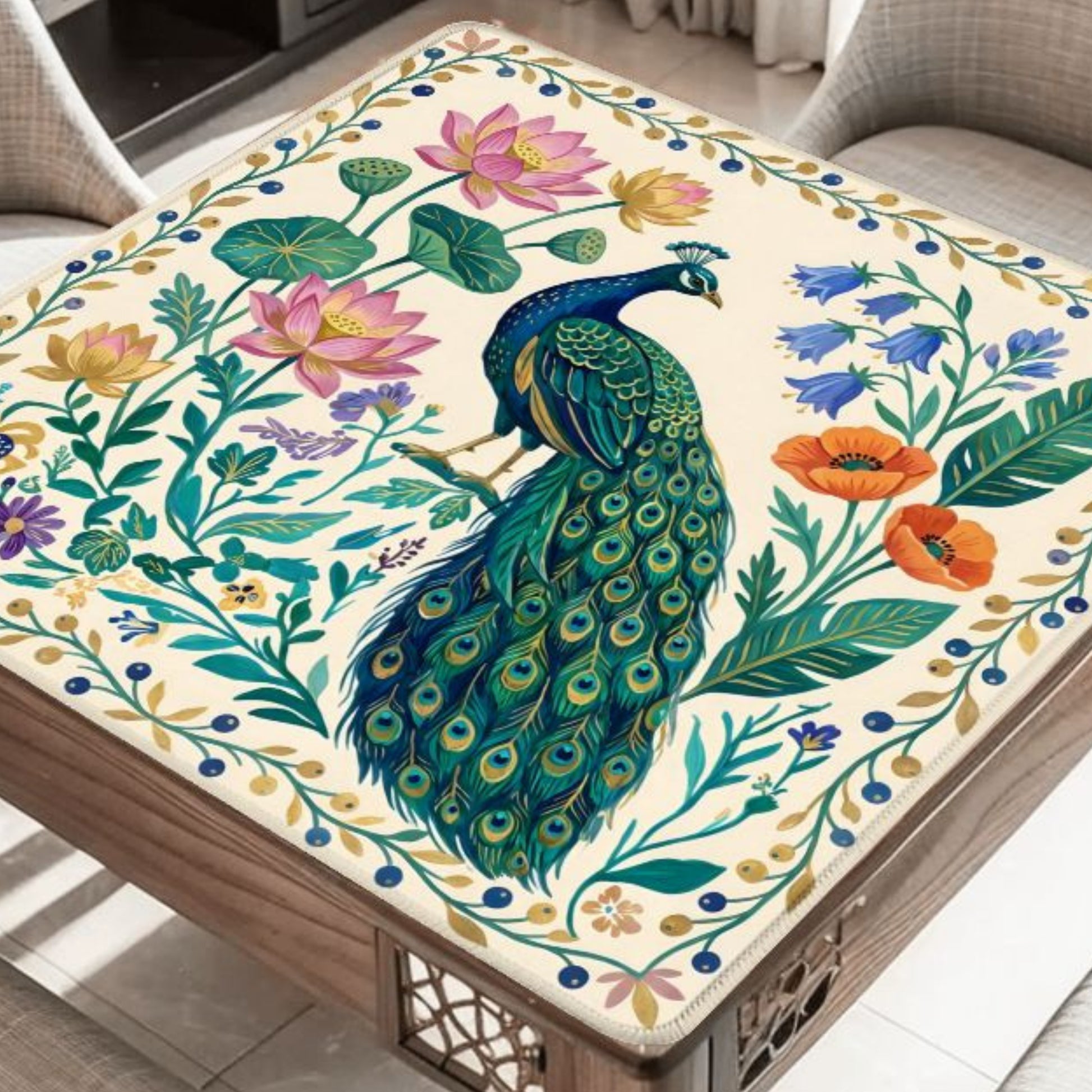 Peacock Lotus Garden mahjong mat on table with peacock and botanical garden flowers