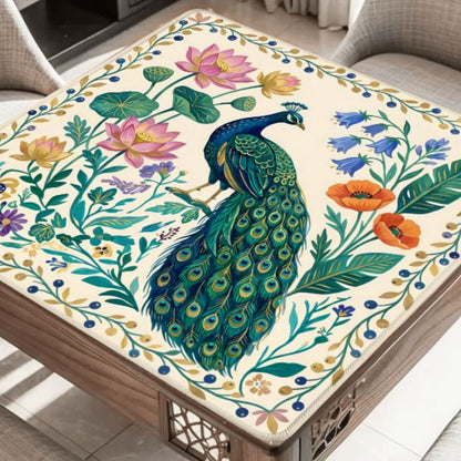 Peacock Lotus Garden mahjong mat on table with peacock and botanical garden flowers