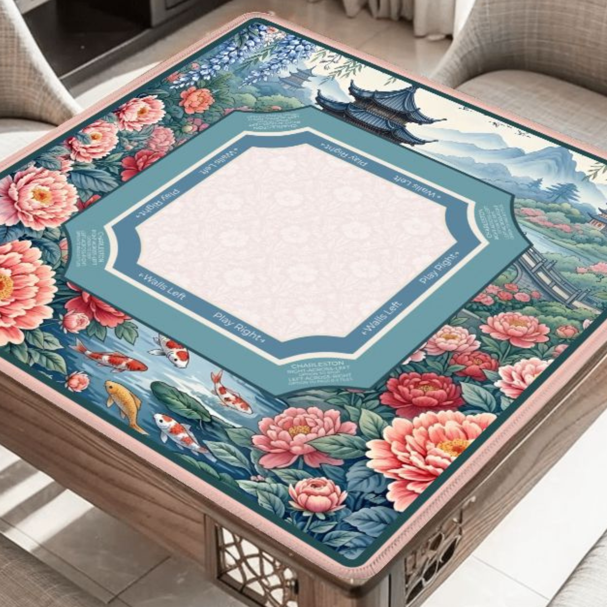 Peony Pagoda Garden mahjong mat on table with peony flowers koi fish and pagoda landscape