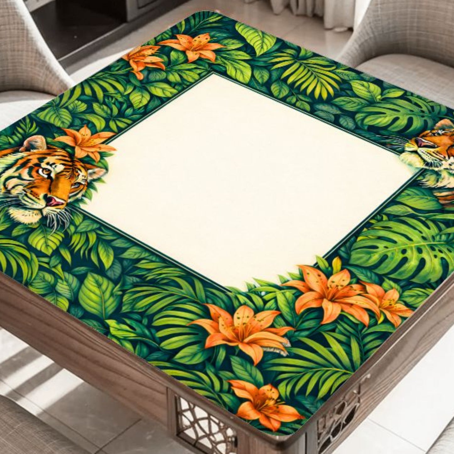 Verdant Bengal mahjong mat on table with tiger and lush tropical jungle botanicals